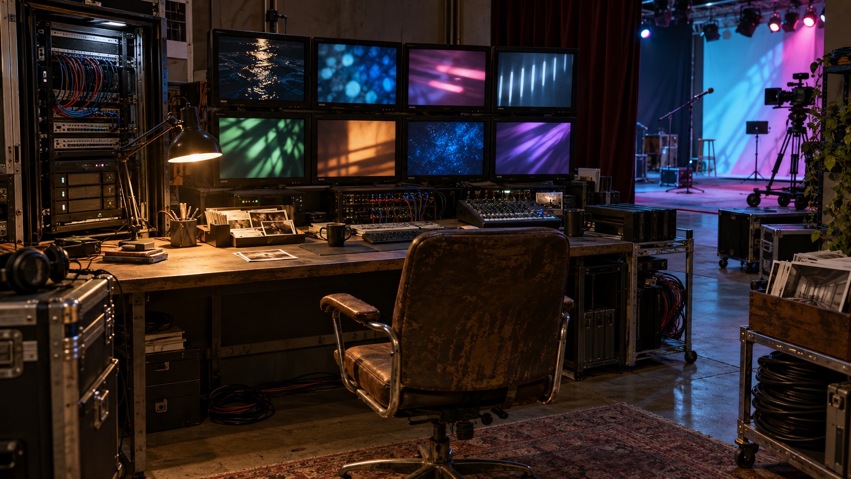 AI editorial illustration of an empty broadcast workshop with eight monitor feeds