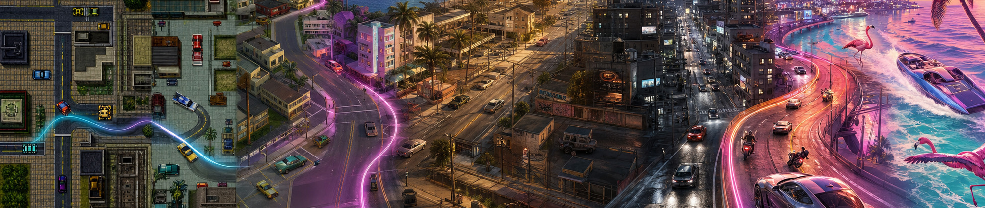 A city evolving from top-down 1997 gameplay into the tropical world of GTA VI